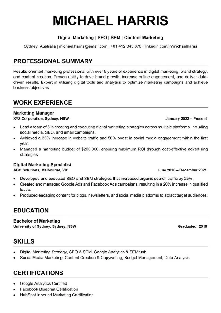 Classic resume template preview